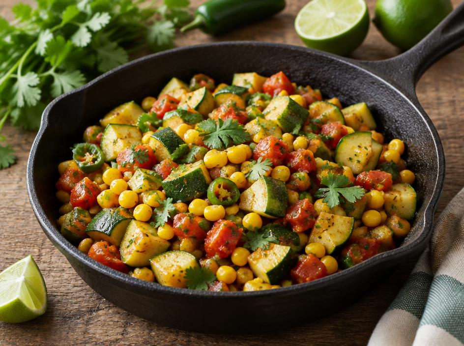 Pfanne mit gewürfelter Zucchini, Mais und Tomaten