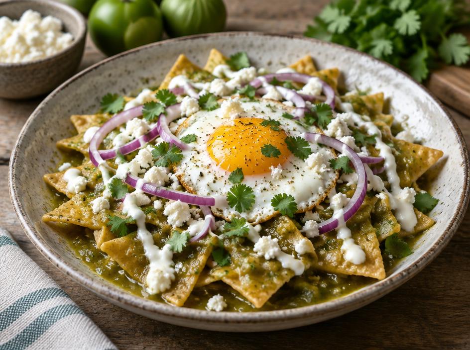 Tortilla-Chips in grüner Salsa mit Spiegelei, Käse und Crema