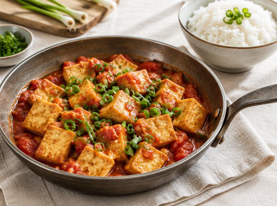 Gebratene Tofuwürfel in Tomatensauce in einer Pfanne