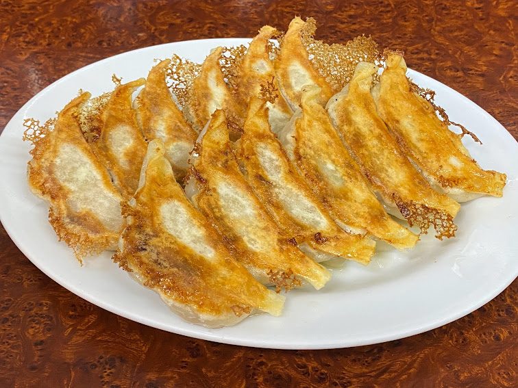 Knusprig gebratene Gyoza auf einem Teller
