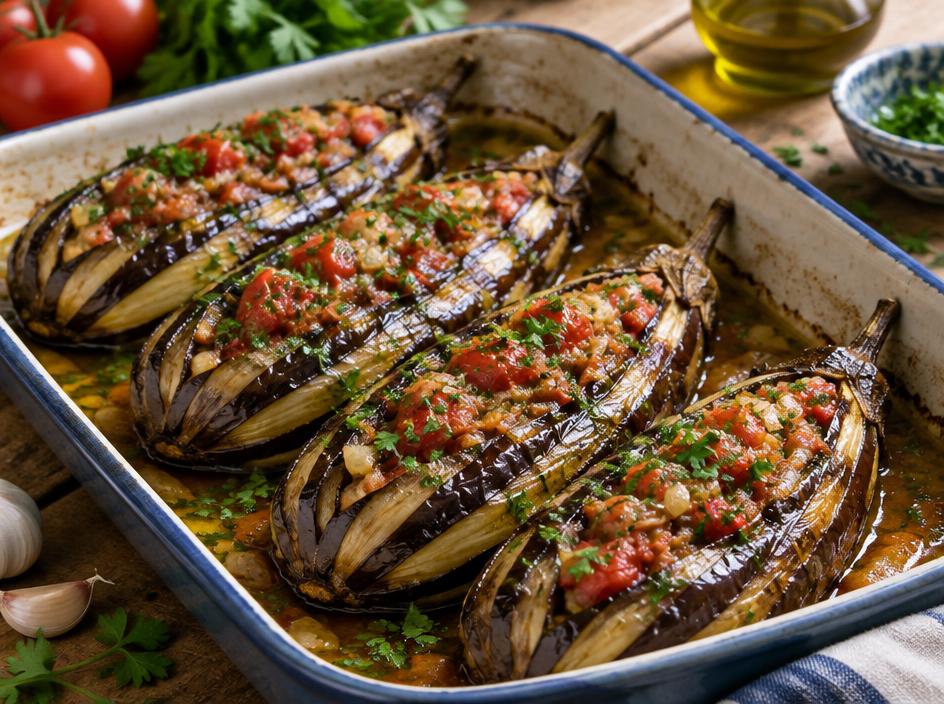 Gefüllte Auberginen mit Zwiebel-Tomaten-Füllung in einer Form