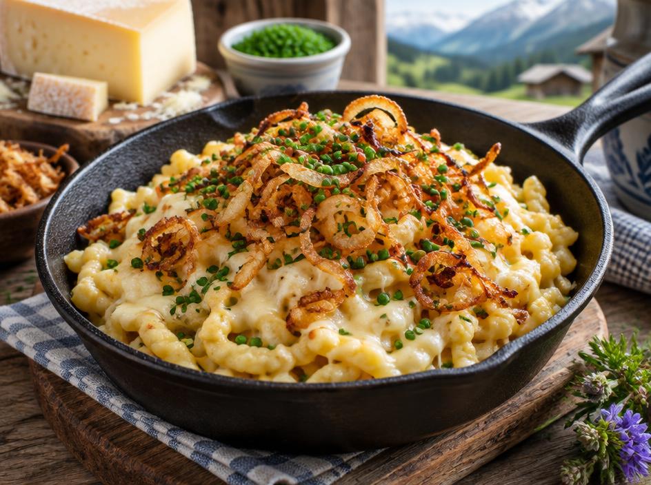 Käsespätzle mit geschmolzenem Käse und Röstzwiebeln in einer Form