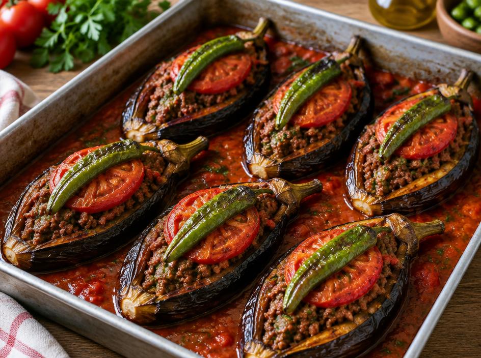 Aufgeschlitzte Auberginen mit Hackfleischfüllung, Tomate und grüner Paprika