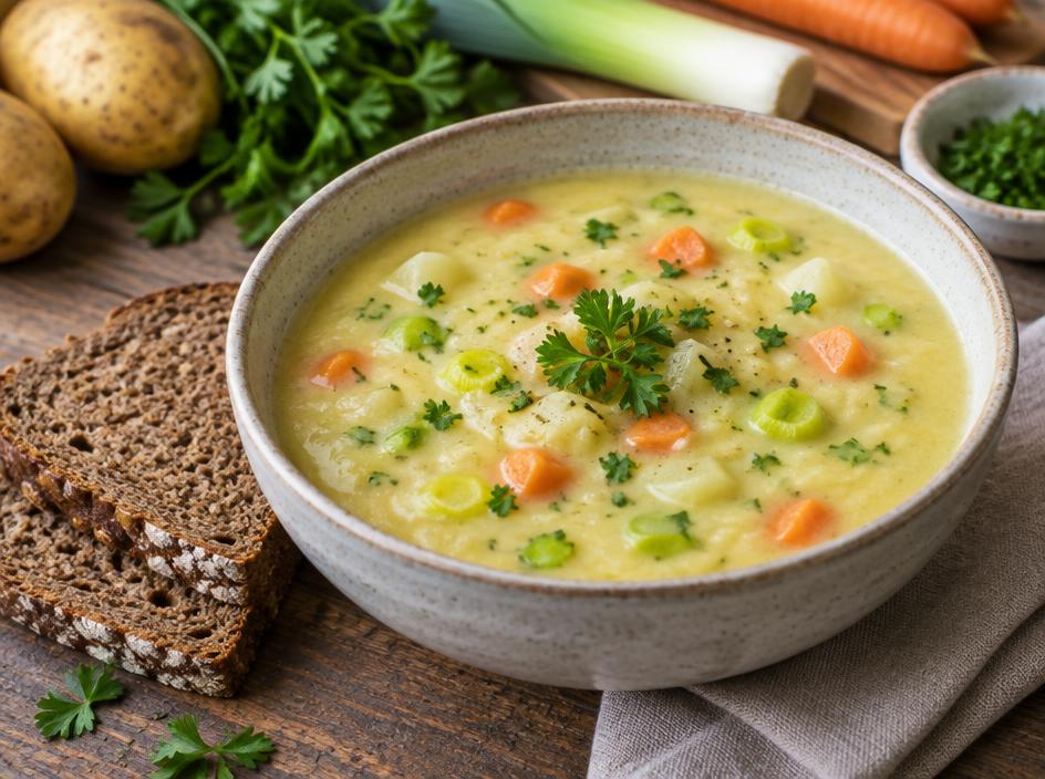 Teller cremige Kartoffelsuppe mit Karottenstücken und Petersilie