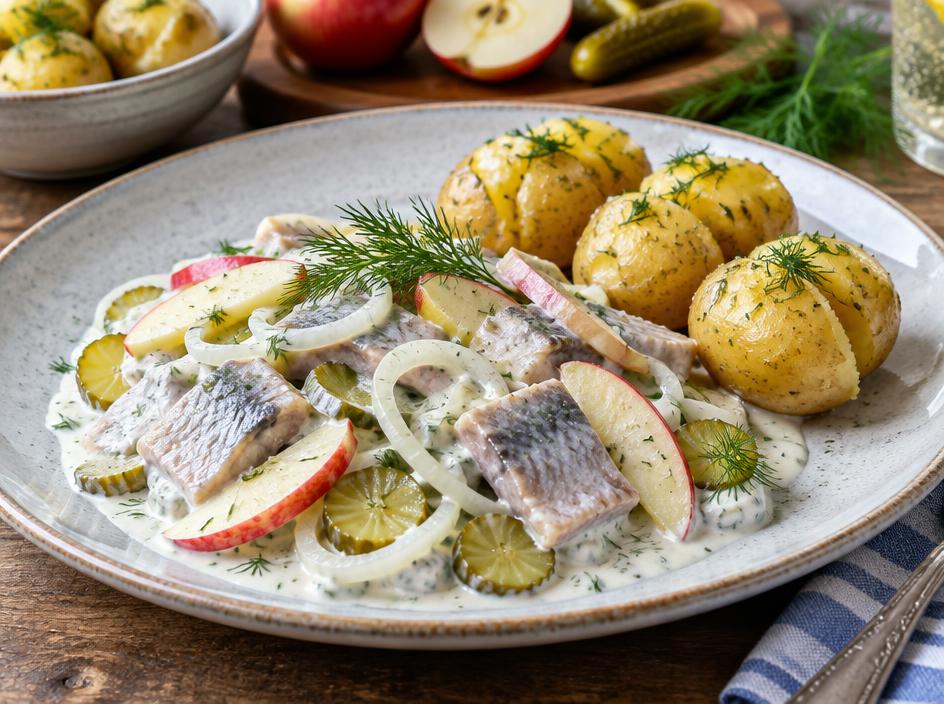 Matjesfilets in heller Sahnesauce mit Apfel, Zwiebelringen und Pellkartoffeln