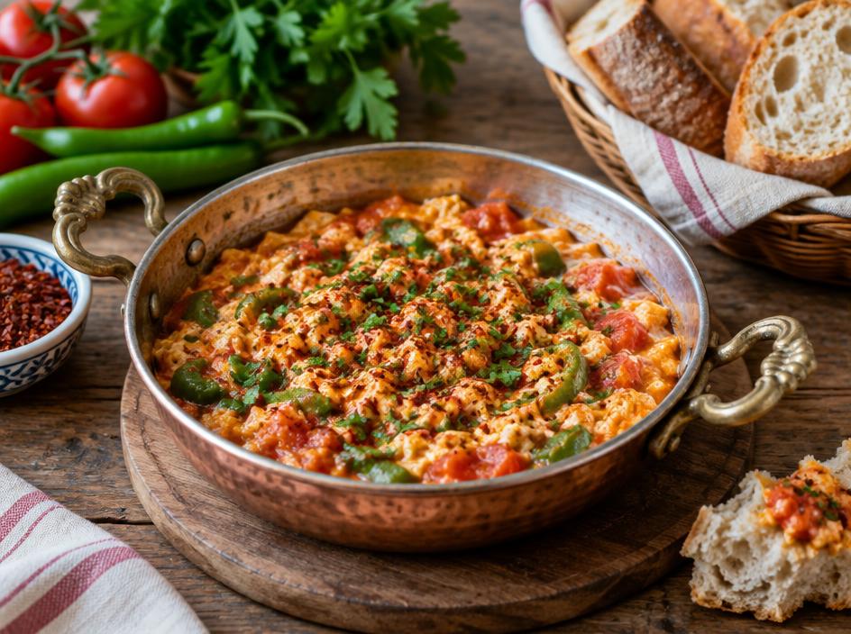 Menemen in einer kleinen Pfanne mit Tomaten, Paprika und Eiern