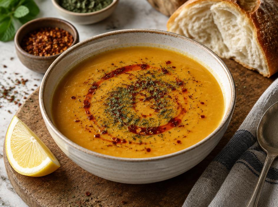Orangefarbene Linsensuppe mit rotem Gewürzöl und Zitronenspalte