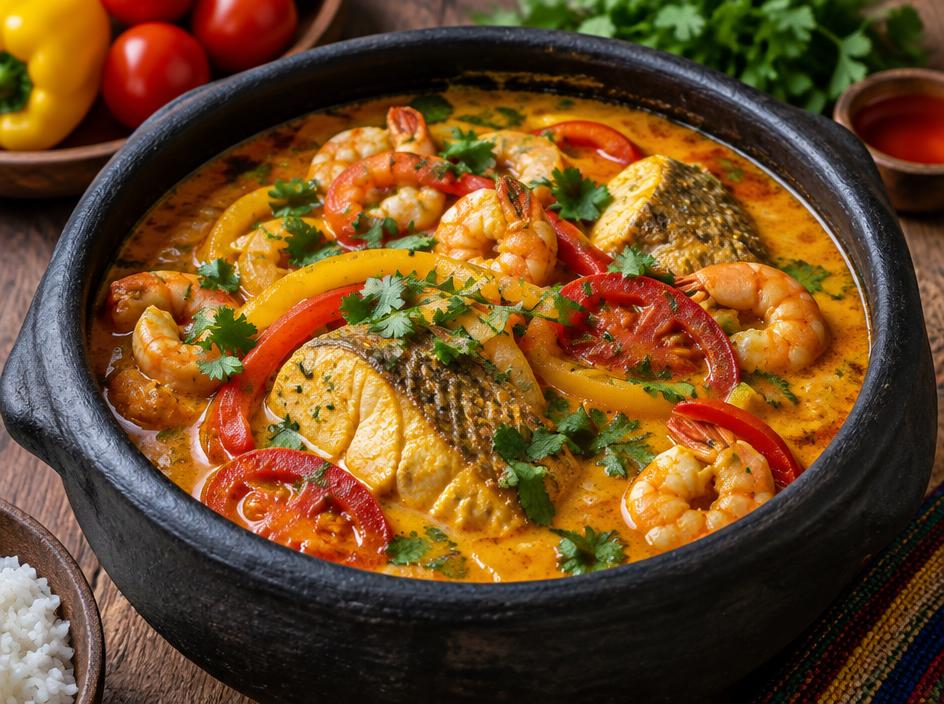 Orangefarbener Fischeintopf mit Kokosmilch, Paprika und Koriander im Topf