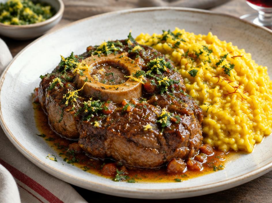 Geschmorte Kalbsbeinscheibe mit Sauce und Gremolata