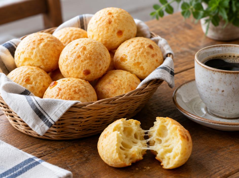 Goldene kleine Käsebällchen in einem Korb, eines aufgebrochen