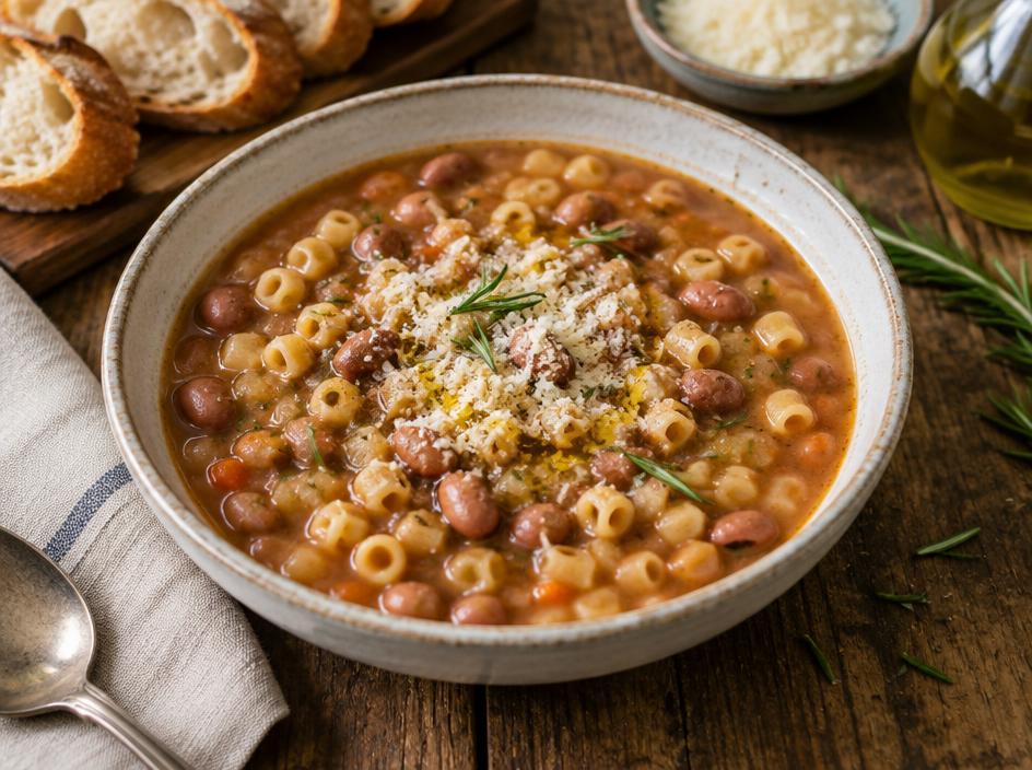 Schale dicke Bohnensuppe mit kleinen Nudeln, Olivenöl und Parmesan