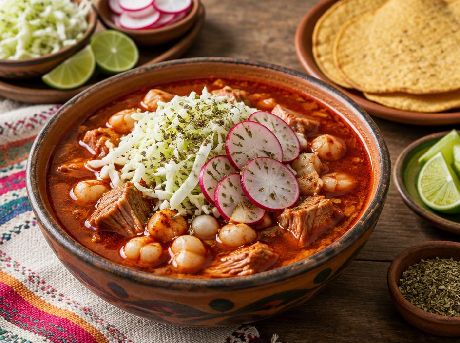 Rote Pozole-Suppe mit Maiskörnern, Kohl, Radieschen und Limette