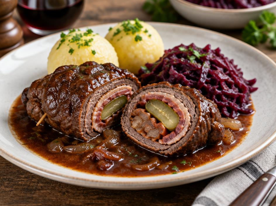 Rinderroulade in dunkler Sauce, aufgeschnitten mit sichtbarer Füllung