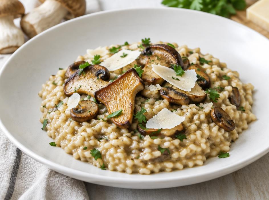 Cremiges Pilzrisotto mit Champignons und Parmesan auf einem Teller