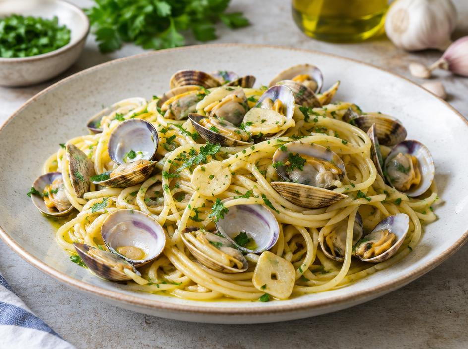 Spaghetti mit Venusmuscheln, Petersilie und Knoblauch