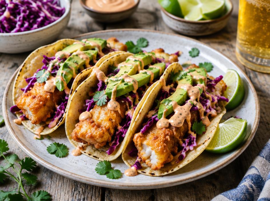 Drei Fisch-Tacos mit ausgebackenem Fisch, Rotkohl und Limette