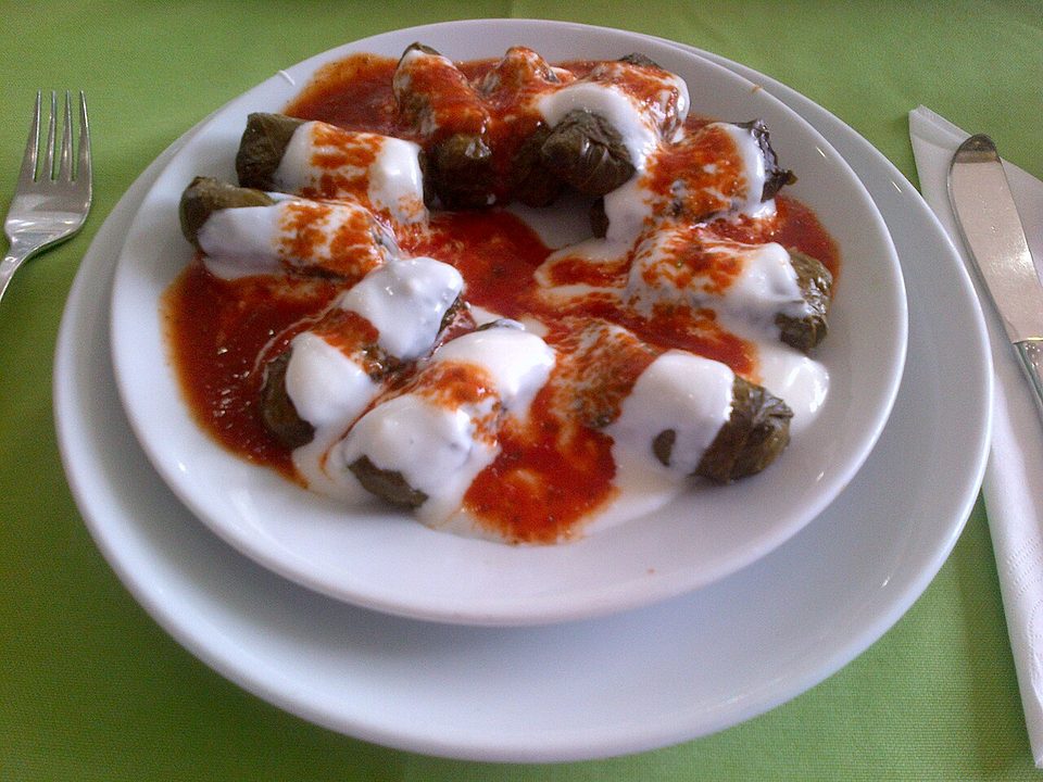 Gerollte Weinblätter mit Füllung, angerichtet mit Tomatensauce und Joghurt